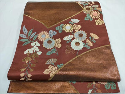 平和屋着物◎六通柄袋帯 唐織 地紙花文 金糸 正絹 逸品 AABF3419iu