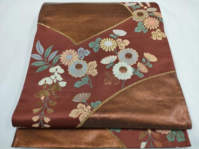 平和屋着物◎六通柄袋帯 唐織 地紙花文 金糸 正絹 逸品 AABF3419iu