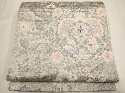 平和屋着物◎六通柄袋帯 唐織 九百錦 更紗花文 プラチナ箔 正絹 逸品 AABF3424iu