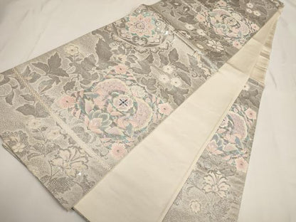 平和屋着物◎六通柄袋帯 唐織 九百錦 更紗花文 プラチナ箔 正絹 逸品 AABF3424iu