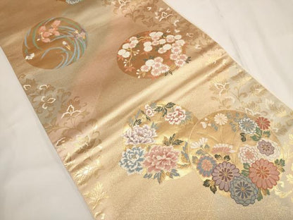 平和屋着物◎六通柄袋帯 唐織 花丸文 金糸 正絹 逸品 AABF3428iu