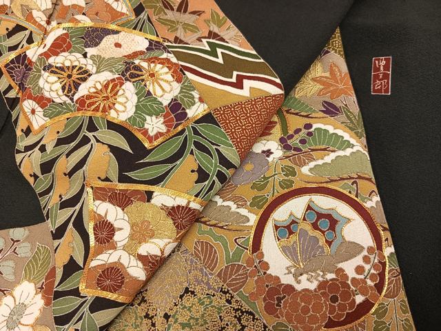 平和屋着物■豪華黒留袖　作家物　駒刺繍　地紙花蝶文　正絹　逸品　AABF3513ph