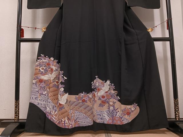 平和屋着物■豪華黒留袖　駒刺繍　飛鶴草花文　正絹　逸品　AABF3514ph