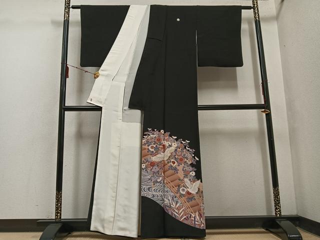 平和屋着物■豪華黒留袖　駒刺繍　飛鶴草花文　正絹　逸品　AABF3514ph