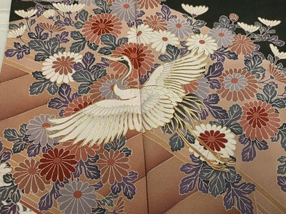 平和屋着物■豪華黒留袖　駒刺繍　飛鶴草花文　正絹　逸品　AABF3514ph