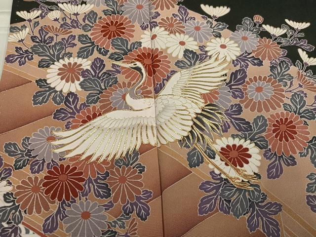 平和屋着物■豪華黒留袖　駒刺繍　飛鶴草花文　正絹　逸品　AABF3514ph