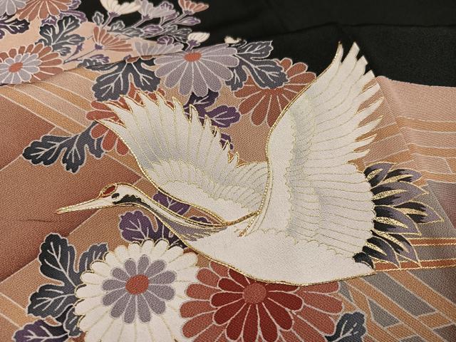 平和屋着物■豪華黒留袖　駒刺繍　飛鶴草花文　正絹　逸品　AABF3514ph