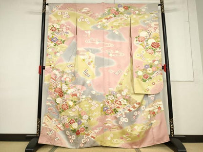 平和屋着物●創業460年・千總　振袖　駒刺繍　矢羽根花文　暈し染め　金彩　松坂屋扱い　正絹　逸品　AABF3565ck