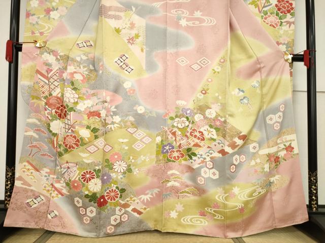 平和屋着物●創業460年・千總　振袖　駒刺繍　矢羽根花文　暈し染め　金彩　松坂屋扱い　正絹　逸品　AABF3565ck