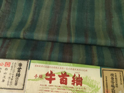 平和屋着物●石川県指定無形文化財 牛首紬 白山工房 手織り 作家物 よろけ縞 証紙付き 正絹 逸品 AABF3570ck