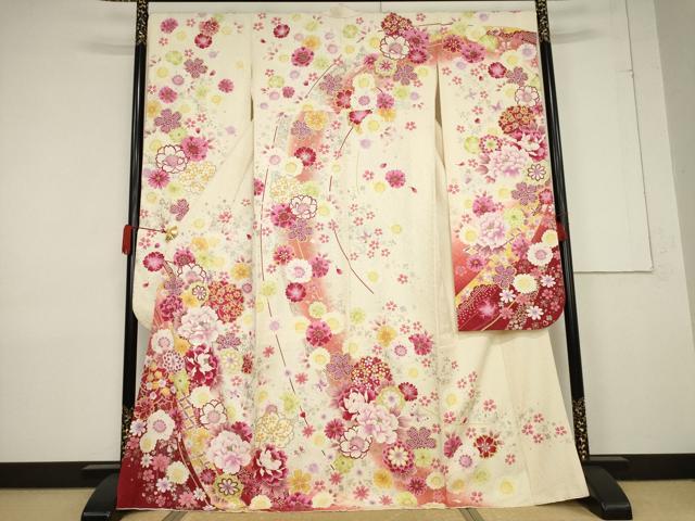 平和屋着物●豪華振袖 刺繍 舞花文 暈し染め 金銀彩 銀通し地 正絹 逸品 AABF3571ck