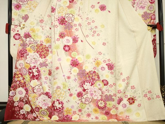 平和屋着物●豪華振袖 刺繍 舞花文 暈し染め 金銀彩 銀通し地 正絹 逸品 AABF3571ck