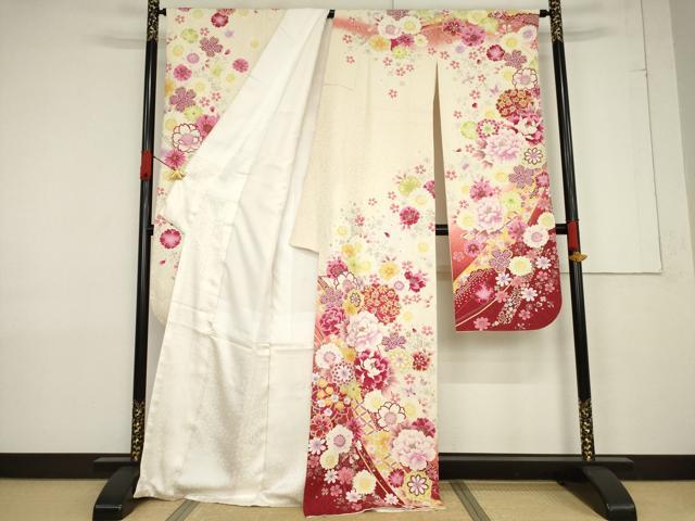 平和屋着物●豪華振袖 刺繍 舞花文 暈し染め 金銀彩 銀通し地 正絹 逸品 AABF3571ck
