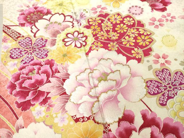 平和屋着物●豪華振袖 刺繍 舞花文 暈し染め 金銀彩 銀通し地 正絹 逸品 AABF3571ck