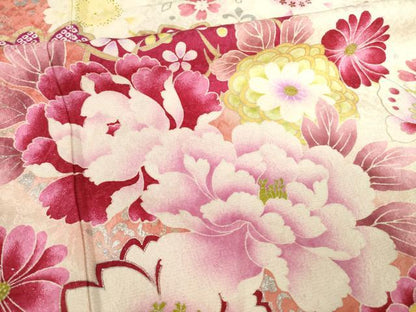平和屋着物●豪華振袖 刺繍 舞花文 暈し染め 金銀彩 銀通し地 正絹 逸品 AABF3571ck