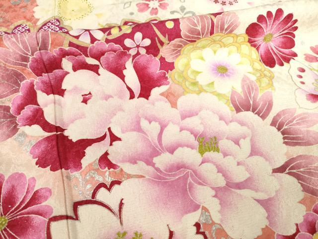 平和屋着物●豪華振袖 刺繍 舞花文 暈し染め 金銀彩 銀通し地 正絹 逸品 AABF3571ck