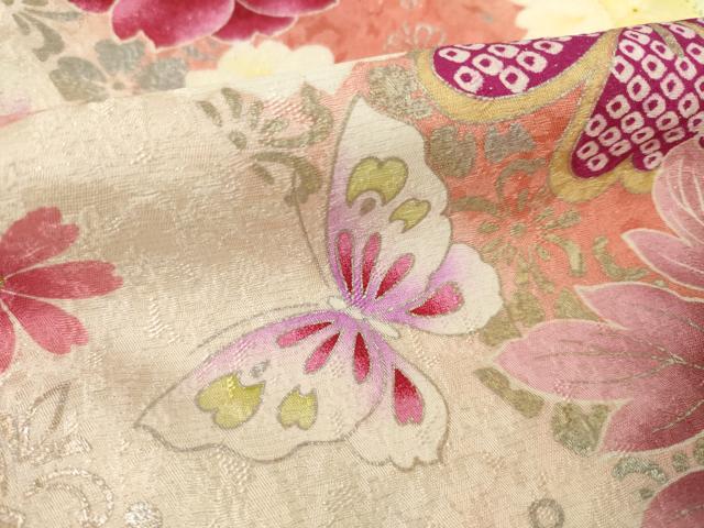 平和屋着物●豪華振袖 刺繍 舞花文 暈し染め 金銀彩 銀通し地 正絹 逸品 AABF3571ck