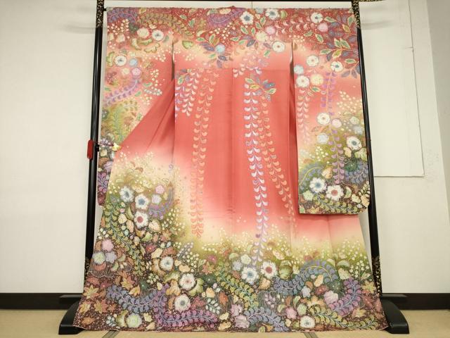 平和屋着物●豪華振袖　辻が花　舞花文　暈し染め　銀通し地　そごう扱い　ロング丈　正絹　逸品　AABF3573ck