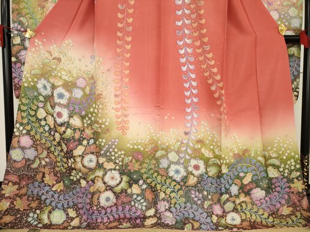 平和屋着物●豪華振袖　辻が花　舞花文　暈し染め　銀通し地　そごう扱い　ロング丈　正絹　逸品　AABF3573ck