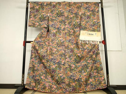 平和屋着物●加賀染　石川県指定無形文化財　牛首紬　白山工房　手織り　花鳥文　反端付き　正絹　逸品　未使用　AABF3574ck