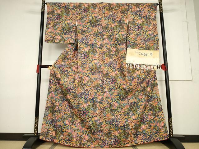 平和屋着物●加賀染　石川県指定無形文化財　牛首紬　白山工房　手織り　花鳥文　反端付き　正絹　逸品　未使用　AABF3574ck