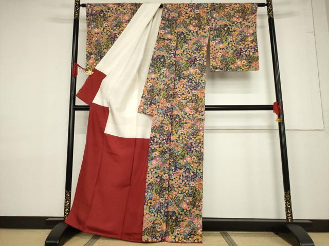 平和屋着物●加賀染　石川県指定無形文化財　牛首紬　白山工房　手織り　花鳥文　反端付き　正絹　逸品　未使用　AABF3574ck