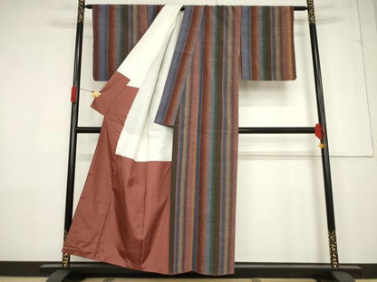 平和屋着物●結城紬 縞 証紙付き 正絹 逸品 未使用 AABF3576ck
