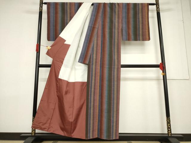 平和屋着物●結城紬 縞 証紙付き 正絹 逸品 未使用 AABF3576ck