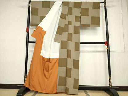 平和屋着物●上質な紬 段違い文様 正絹 逸品 AABF3579ck