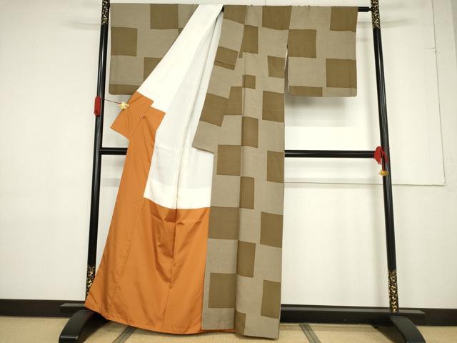 平和屋着物●上質な紬 段違い文様 正絹 逸品 AABF3579ck