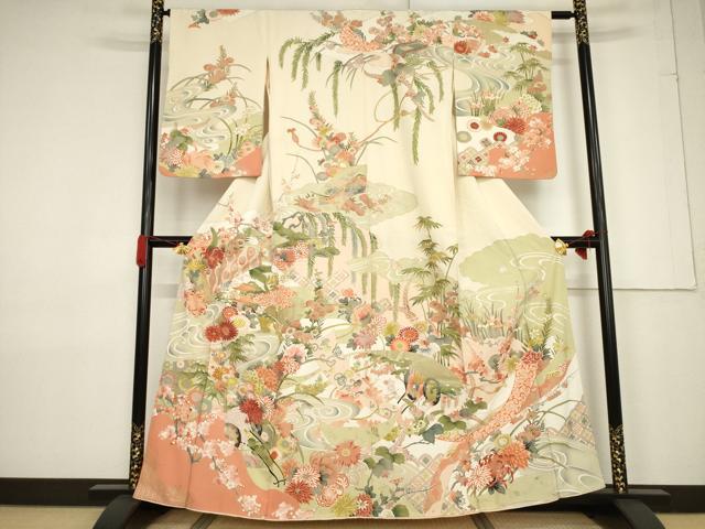 平和屋着物●訪問着 刺繍 風景花文 金彩 正絹 逸品 AABF3583ck