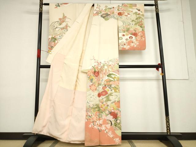 平和屋着物●訪問着 刺繍 風景花文 金彩 正絹 逸品 AABF3583ck