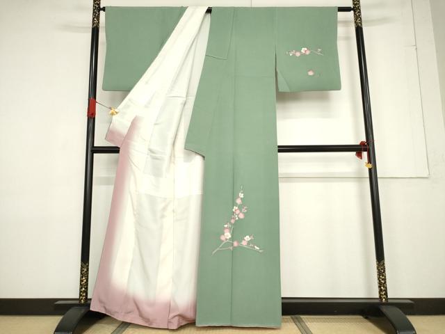 平和屋着物●水野正夫 訪問着 友禅 枝梅 丹後ちりめん 反端付き 正絹 逸品 AABF3584ck