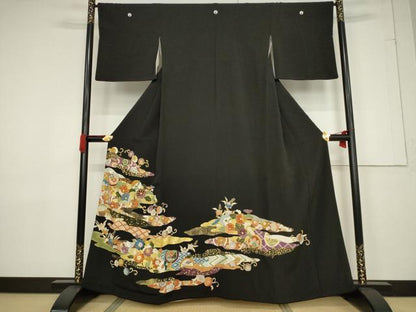 平和屋着物●創業460年・千總 黒留袖 駒刺繍 道長吉祥花文 金彩 正絹 逸品 AABF3591ck