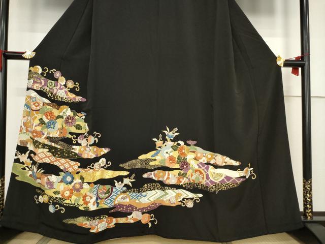 平和屋着物●創業460年・千總 黒留袖 駒刺繍 道長吉祥花文 金彩 正絹 逸品 AABF3591ck