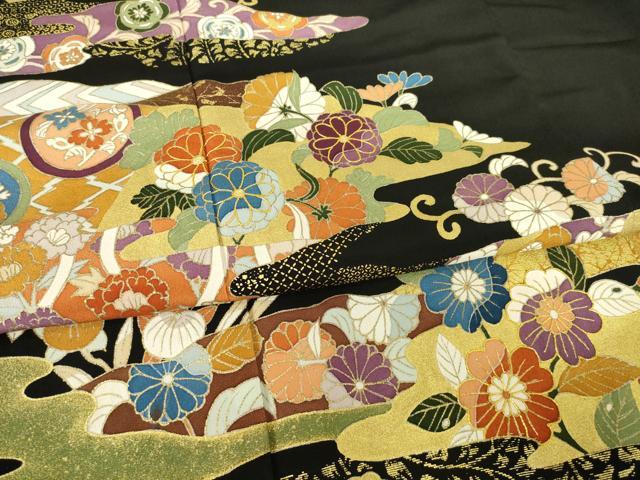 平和屋着物●創業460年・千總 黒留袖 駒刺繍 道長吉祥花文 金彩 正絹 逸品 AABF3591ck