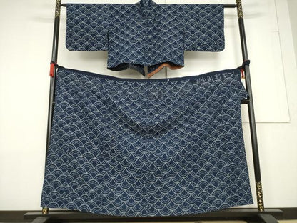 平和屋着物●久留米絣 単衣 二部式 青海波 正藍絵絣中尾 綿 逸品 AABF3595ck