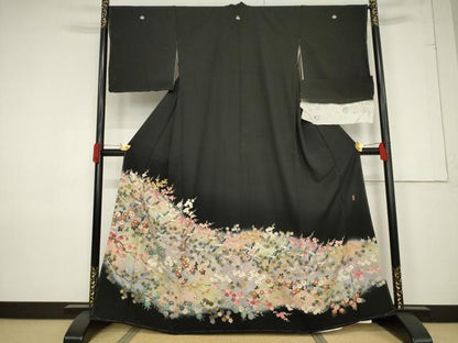 平和屋着物●豪華黒留袖 友禅 作家物 花鳥文 浜ちりめん 正絹 逸品 AABF3596ck