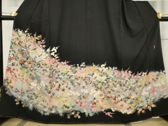 平和屋着物●豪華黒留袖 友禅 作家物 花鳥文 浜ちりめん 正絹 逸品 AABF3596ck