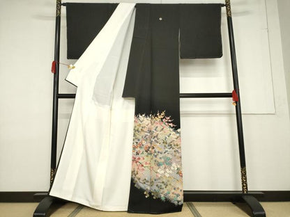 平和屋着物●豪華黒留袖 友禅 作家物 花鳥文 浜ちりめん 正絹 逸品 AABF3596ck