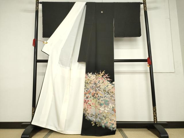 平和屋着物●豪華黒留袖 友禅 作家物 花鳥文 浜ちりめん 正絹 逸品 AABF3596ck