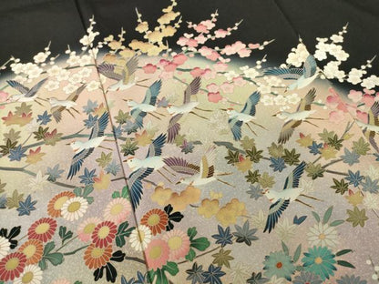 平和屋着物●豪華黒留袖 友禅 作家物 花鳥文 浜ちりめん 正絹 逸品 AABF3596ck
