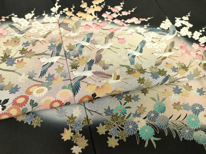 平和屋着物●豪華黒留袖 友禅 作家物 花鳥文 浜ちりめん 正絹 逸品 AABF3596ck