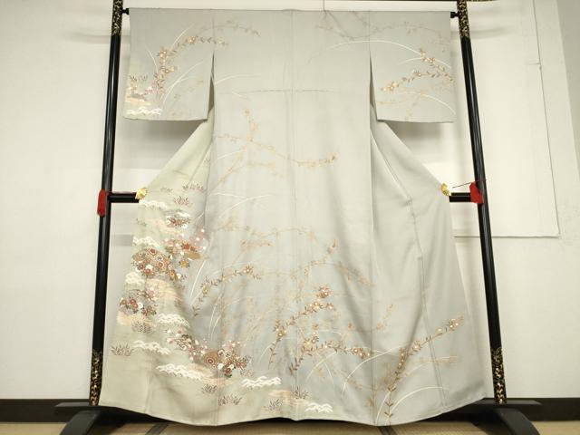 平和屋着物●訪問着 友禅 駒刺繍 地紙花文 暈し染め 金彩 正絹 逸品 AABF3606ck