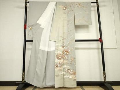 平和屋着物●訪問着 友禅 駒刺繍 地紙花文 暈し染め 金彩 正絹 逸品 AABF3606ck