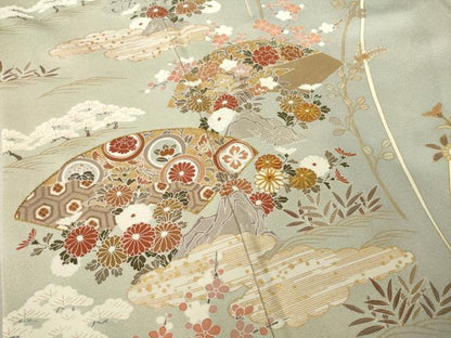 平和屋着物●訪問着 友禅 駒刺繍 地紙花文 暈し染め 金彩 正絹 逸品 AABF3606ck