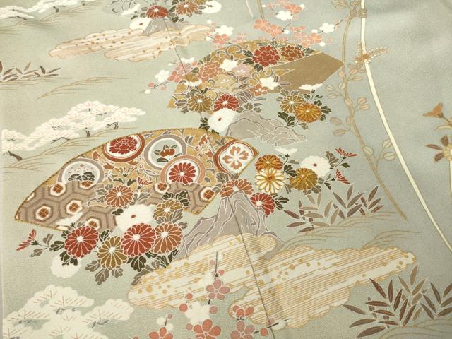 平和屋着物●訪問着 友禅 駒刺繍 地紙花文 暈し染め 金彩 正絹 逸品 AABF3606ck