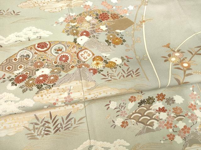 平和屋着物●訪問着 友禅 駒刺繍 地紙花文 暈し染め 金彩 正絹 逸品 AABF3606ck