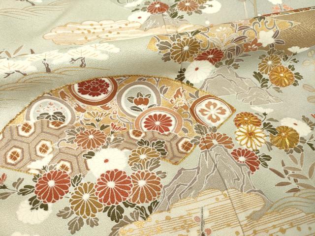 平和屋着物●訪問着 友禅 駒刺繍 地紙花文 暈し染め 金彩 正絹 逸品 AABF3606ck