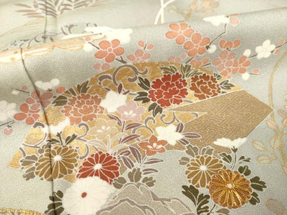 平和屋着物●訪問着 友禅 駒刺繍 地紙花文 暈し染め 金彩 正絹 逸品 AABF3606ck